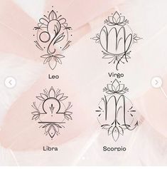 four different types of zodiac symbols on a pink and white background with the words leo, libra, virgo, and scorrio