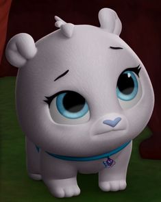 an animated white bear with blue eyes standing in the grass and looking at something off to the side