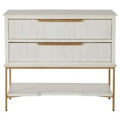 a white and gold dresser with two drawers on one side, the top drawer is open