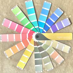 the colors of paint are arranged in a circle on top of carpeted flooring