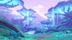 an animated landscape with trees and grass