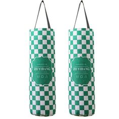 two green and white checkerboard wine bags with black handles, one is empty