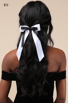 Let everyone know you're a chic cutie with the Lulus Perfectly Coquette Ivory and Black Bow Hair Clip! Sleek woven satin shapes this cute bow that has a layered, two-toned black and white design, with long tails and a sleek alligator clip closure to keep your tresses in place! Bow Measures 6" Wide. Ribbon Measures 8. 75" Long. 100% Polyester. Imported. Lulus | Perfectly Coquette Ivory and Black Bow Hair Clip | 100% Polyester. Lace Ribbon Hair, Black Bow Hair, Bow Business, Witch Clothes, Hair Clip Bow, Casual Formal Dresses, Dirty Blonde Hair, Bow Hairstyle, Lulu Fashion