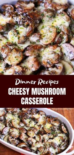 a casserole dish with mushrooms and cheese in it is shown on the table