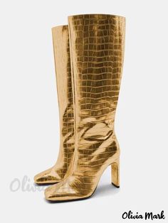 Olivia Mark - Premium Gold Wide Calf Womens Square Toe Stiletto Heel Knee-High Boots Ladies Long Boots, Plus Size Boots, Zip Up Boots, Mid Boots, Wide Calf Boots, Womens Knee High Boots, Silver Shoes, Wide Calf, Winter Boots Women