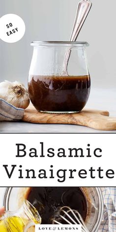 balsamic vinaigrette in a glass jar with a whisk