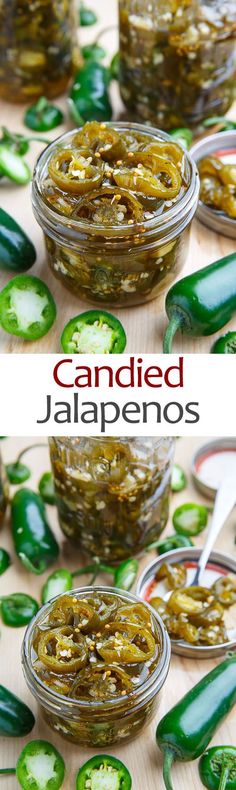 three jars filled with pickled jalapenos on top of a wooden table