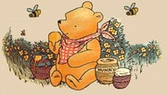 a drawing of a winnie the pooh bear sitting in front of honey jars and bees