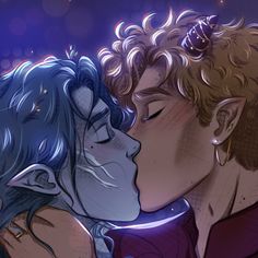 two people are kissing each other in front of a purple and blue background with stars