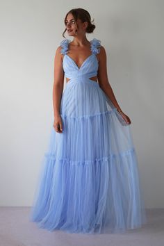 Galiena Ruffle Tulle Maxi Dress | Blue Shades Of Blue Bridesmaid Dresses Ombre, Beautiful Unique Dresses, Periwinkle Blue Bridesmaid Dresses, Blue Dress Photoshoot, Baby Blue Formal Dress, Wedding Guest Dress Blue, Bridesmaid Dresses Tulle, Blue Wedding Guest Dress, Unique Prom Dress