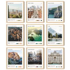 six photographs of different buildings and water in the middle of each one, all with pictures on them