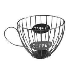 a coffee cup with the word coffee written on it in black and white, sitting inside a wire basket