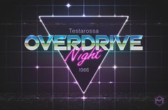 the logo for overdrive night with neon lights and an abstract triangle on black background