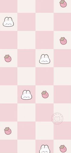 pink checkered wallpaper with white clouds and buns on it, all in different colors