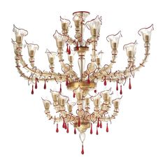 a fancy chandelier with red and white drops on it's glass arms