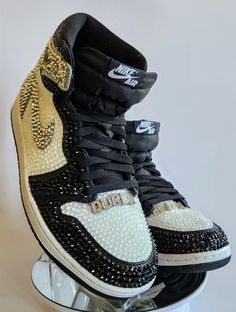 White Custom Sneakers With Bling, Round Toe, White High-top Custom Sneakers With Rhinestones, Silver High-top Sneakers With Rhinestones, Silver High-top Sneakers With Bling, High-top Bling Sneakers For Streetwear, Rhinestone Nikes, Women In Jordans, Bedazzled Shoes Diy, Rhinestone Sneakers