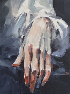 an oil painting of a person's hand in white cloths on a black background