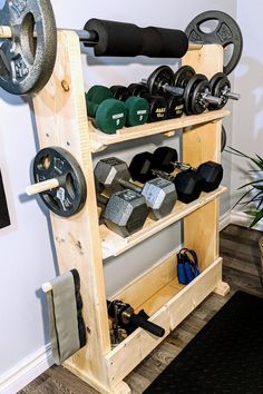 there is a gym equipment rack in the room