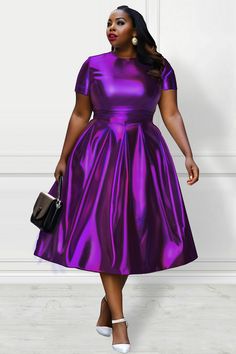 Xpluswear Design Plus Size Party Midi Dresses Elegant Silver Fall Winter Crew Neck Short Sleeve Fold A-Line Metallic Glitter Fabric Midi Dresses Pink And Purple Dresses, Womens Purple Dress, Purple Church Dress, Metallic Knee-length Party Dress, Purple Dress Formal Classy, Plus Size Gala Dress, Purple Dress Outfit, Purple Plus Size Dresses, Purple Dress Outfits