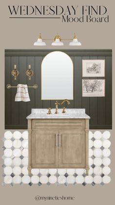 a bathroom vanity with a mirror and lights on the wall next to it is an advertisement for wednesday find mood board