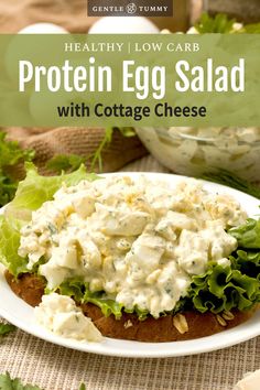 healthy low carb protein egg salad with cottage cheese on toasted bread and lettuce