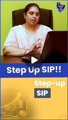 a woman sitting at a desk with a laptop computer in front of her and the words, step up sip