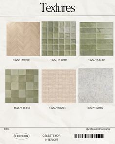 the different types of tiles are shown in various colors and sizes, including beiges, green