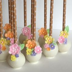 there are some cake pops decorated with flowers and sticks on the table in front of them