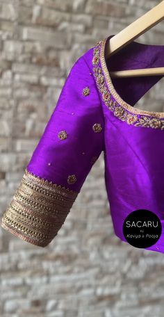 Knot Work Embroidery Blouse, Purple Blouse Work Designs, Purple Blouse Designs, Gold Blouses, Heavy Blouses, Banaras Blouse, Purple Blouses, Blouse Works