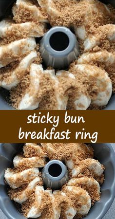 an easy sticky bun breakfast ring recipe with cinnamon crumbs and cream cheese on top