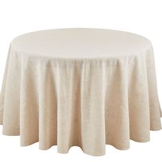 a round table with a white linen cover on the top and bottom, in front of a white background