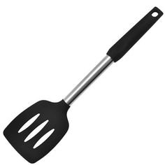 a black and silver spatula on a white background