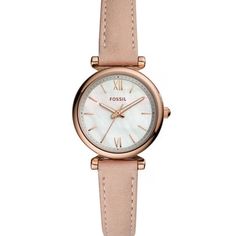 Description: From Fossil, The Carlie Mini Three-Hand Blush Leather Watch Features: Stainless Steel Round Case White Mother Of Pearl Dial Blush Leather Strap Buckle Closure Quartz Three-Hand Movement Case Size Approx. 28mm Water Resistant: 3 Atm 2-Year Limited Warranty Pet And Smoke Free Home. Fast Shipping. Charm Bracelet Watch, Gold And Silver Watch, Fossil Watches Women, Grey Watch, Blue Watches, Fossil Watch, Hand Watch, Fossil Watches, Pearl Leather