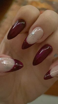 Nails That Go With Everything Ideas, Winter Nails White And Red, Jelly Red Nails Design, Classic Nails Elegant Almond, Deep Red Nails Designs Burgundy, Narrow Almond Nails, Red French Nail Designs, Red Nail Designs Almond, Red Elegant Nails