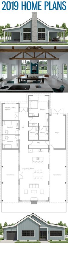 two story house plans with garage and living room in the middle, one bedroom on the second