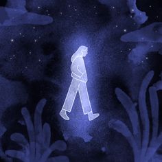 a drawing of a person walking in the night sky with stars above them and plants below