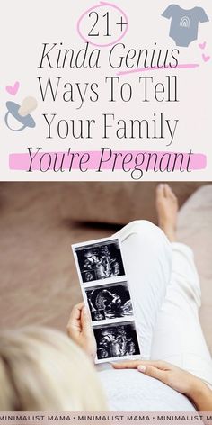 a woman laying on top of a bed holding up an album with the title 21 kinda genius ways to tell your family you're pregnant