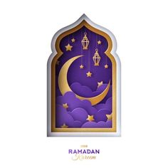 an islamic greeting card with the moon and stars hanging from it's side, on a white background