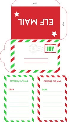 two christmas gift tags with red and green stripes on the front, one is for elfs