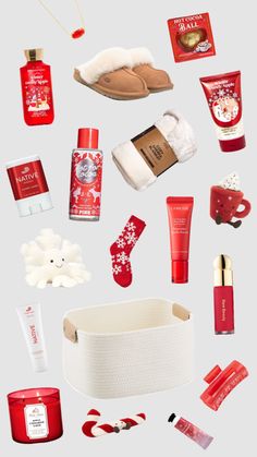 the contents of a woman's christmas gift set are arranged on a white background