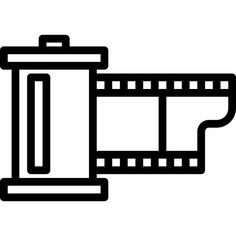 a black and white image of a film roll with a camera on the end icon