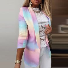 Batik Blazer, Colorful Jacket, Slim Blazer, Casual Blazer Women, Gradient Print, Elegant Blazers, Ladies Blazer, Casual Tie, Estilo Chic