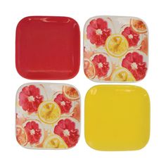 Set of 4 appetizer plates come in 2 different designs. 2 plates have a watercolor motif of citrus in bold reds, oranges, and yellows. The other two come in a red and yellow color. They are made from ceramic and measure 6"x6"x1" Pasta Storage, Coastal Life, Plate Display, Appetizer Plates, Beach Combing, Red And Yellow, Color Of Life, Dessert Plate, Ceramic Plates