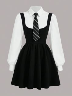 2pcs Teen Girls' Collared Puff Sleeve Blouse And Strap Dress Set With 1pc Tie Black and White Casual    Colorblock  Slight Stretch  Teen Girls Clothing, size features are:Bust: ,Length: ,Sleeve Length: Black & White Dress, Black And White Outfits For Women, Black And White Dress Aesthetic, Clothing Sketches Outfits, Elegant Black And White Outfits, Cute Black And White Outfits, Black And White Fashion Outfits, Wednesday Addams Outfit Inspiration, Cute Black Clothes