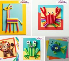 four different types of cards with animals made out of construction paper and colored pencils