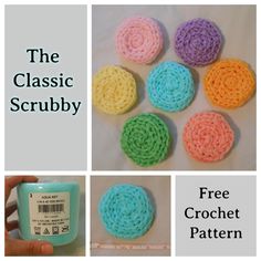 the crochet scrubby pattern is shown in four different colors