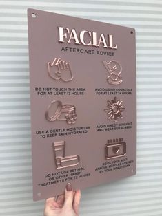 a sign that says facial aftericare advice with pictures of hand gestures and symbols on it