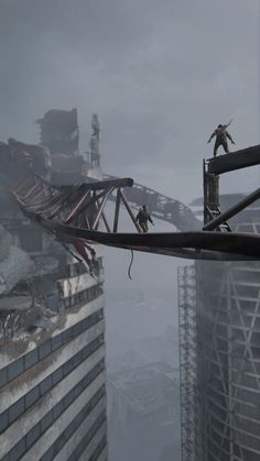 two people are standing on the roof of a tall building while another man is walking across it