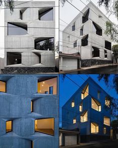 three different views of the same building at night and day, with multiple windows on each side