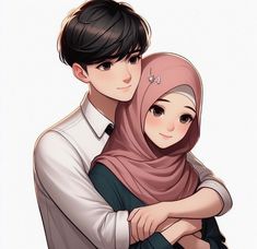 a man and woman hugging each other while wearing hijabs